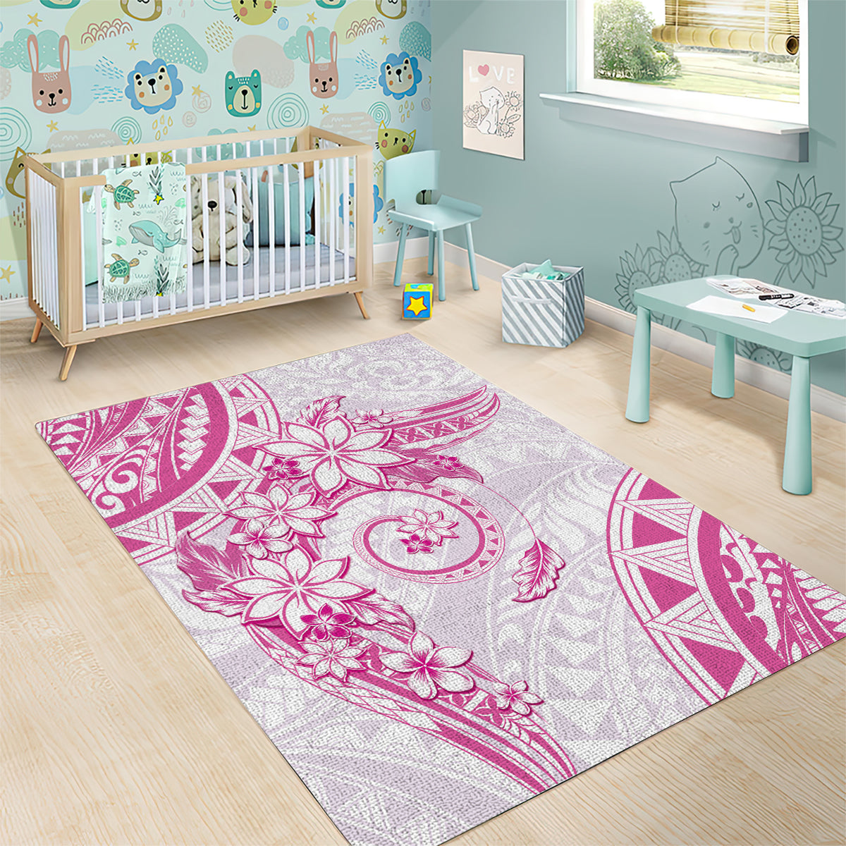 Polynesian Pattern With Plumeria Flowers Area Rug Pink LT05 - Polynesian Pride