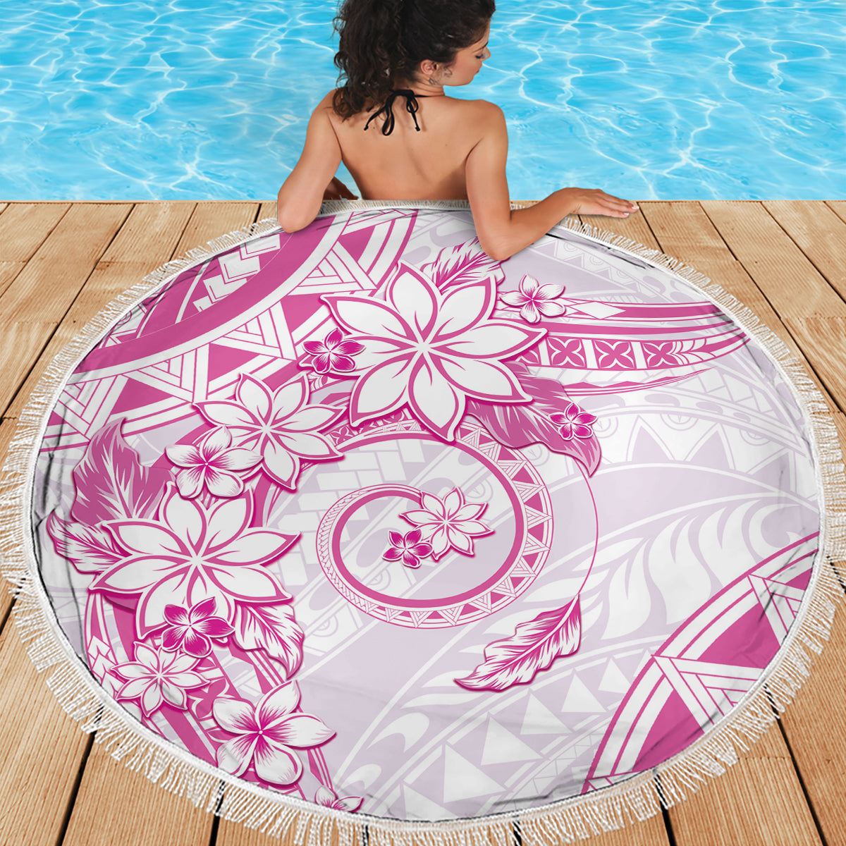Polynesian Pattern With Plumeria Flowers Beach Blanket Pink LT05 - Polynesian Pride