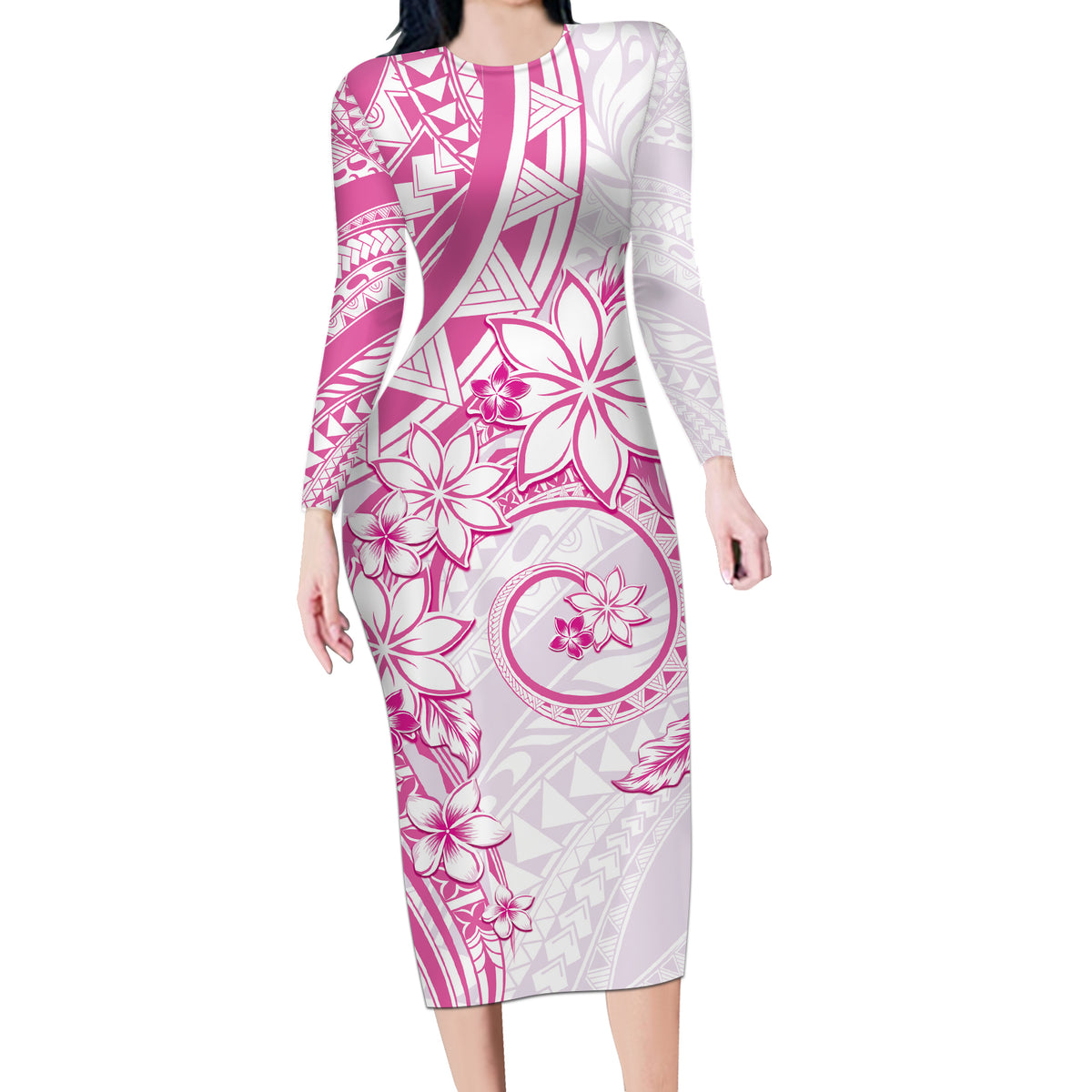 Polynesian Pattern With Plumeria Flowers Long Sleeve Bodycon Dress Pink LT05 Long Dress Pink - Polynesian Pride