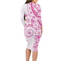 Polynesian Pattern With Plumeria Flowers Long Sleeve Bodycon Dress Pink LT05 - Polynesian Pride