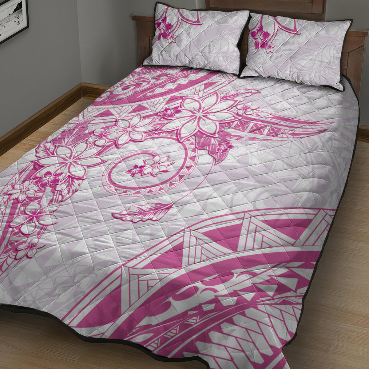 Polynesian Pattern With Plumeria Flowers Quilt Bed Set Pink LT05 - Polynesian Pride