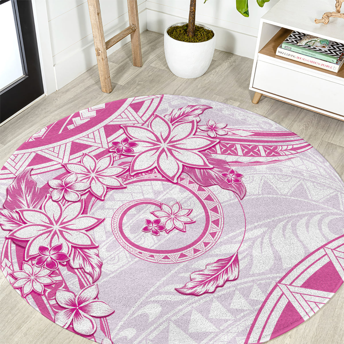 Polynesian Pattern With Plumeria Flowers Round Carpet Pink LT05 Pink - Polynesian Pride