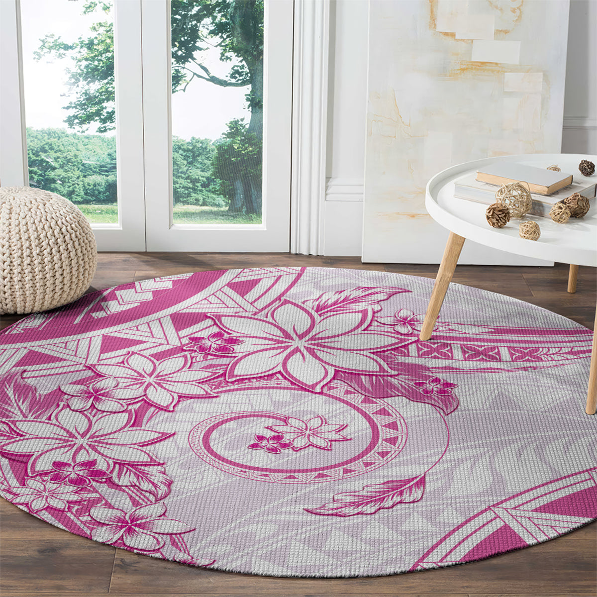 Polynesian Pattern With Plumeria Flowers Round Carpet Pink LT05 - Polynesian Pride