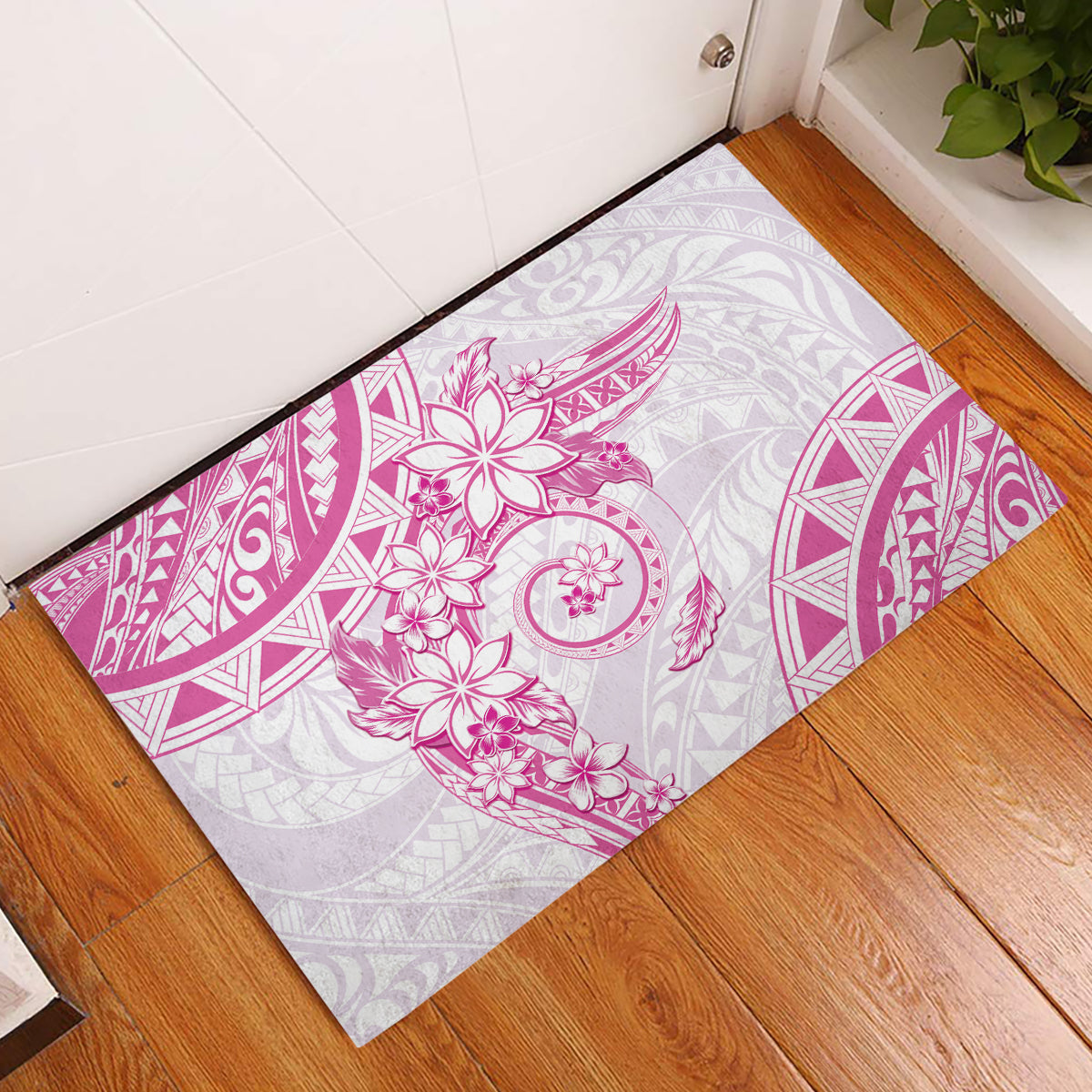 Polynesian Pattern With Plumeria Flowers Rubber Doormat Pink LT05 Pink - Polynesian Pride