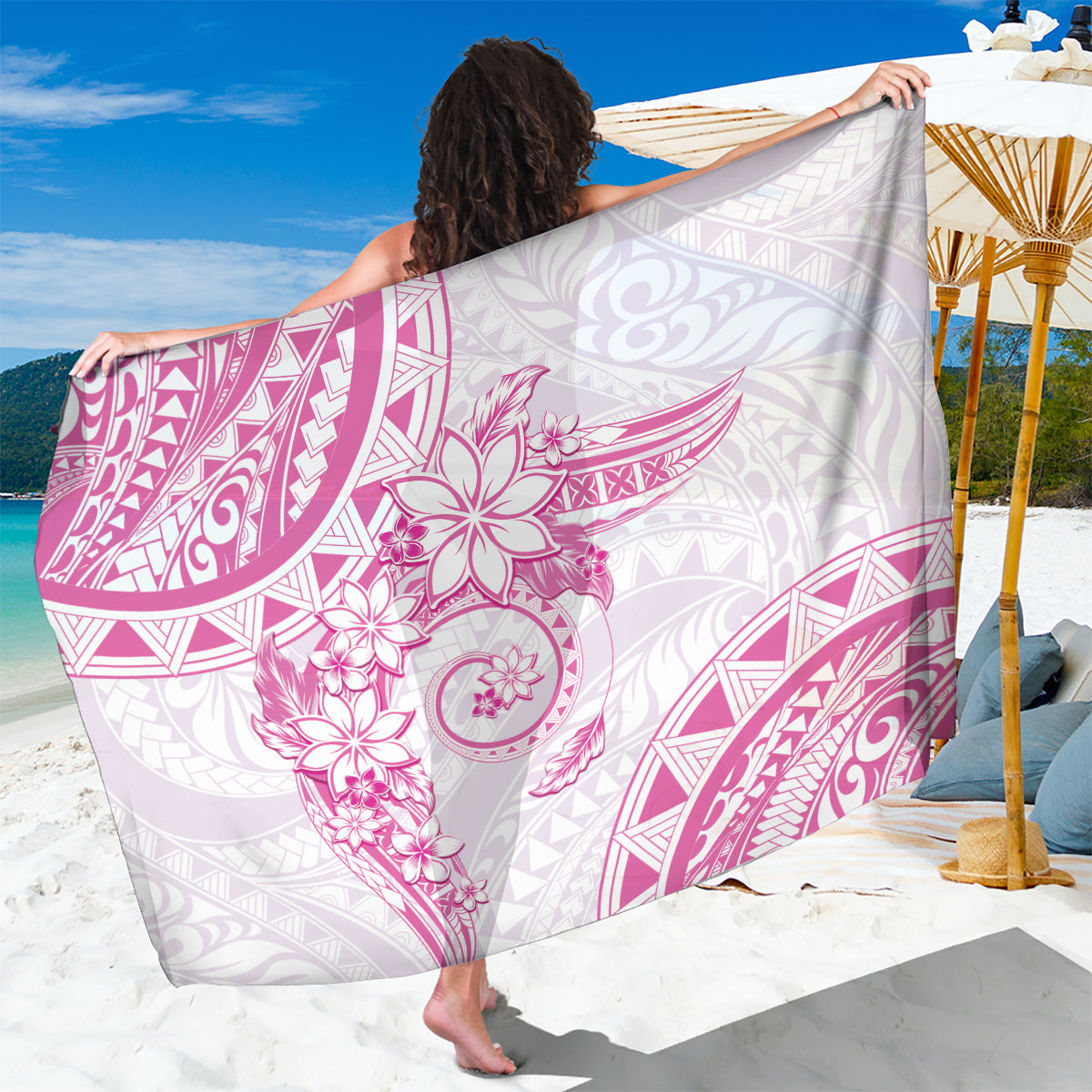Polynesian Pattern With Plumeria Flowers Sarong Pink LT05 One Size 44 x 66 inches Pink - Polynesian Pride