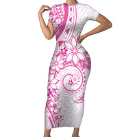 Polynesian Pattern With Plumeria Flowers Short Sleeve Bodycon Dress Pink LT05 Long Dress Pink - Polynesian Pride