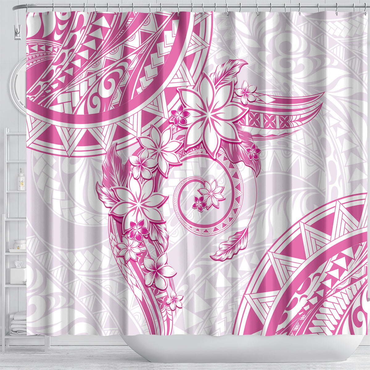 Polynesian Pattern With Plumeria Flowers Shower Curtain Pink LT05 - Polynesian Pride