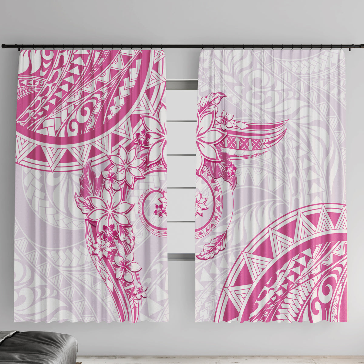 Polynesian Pattern With Plumeria Flowers Window Curtain Pink LT05 With Hooks Pink - Polynesian Pride