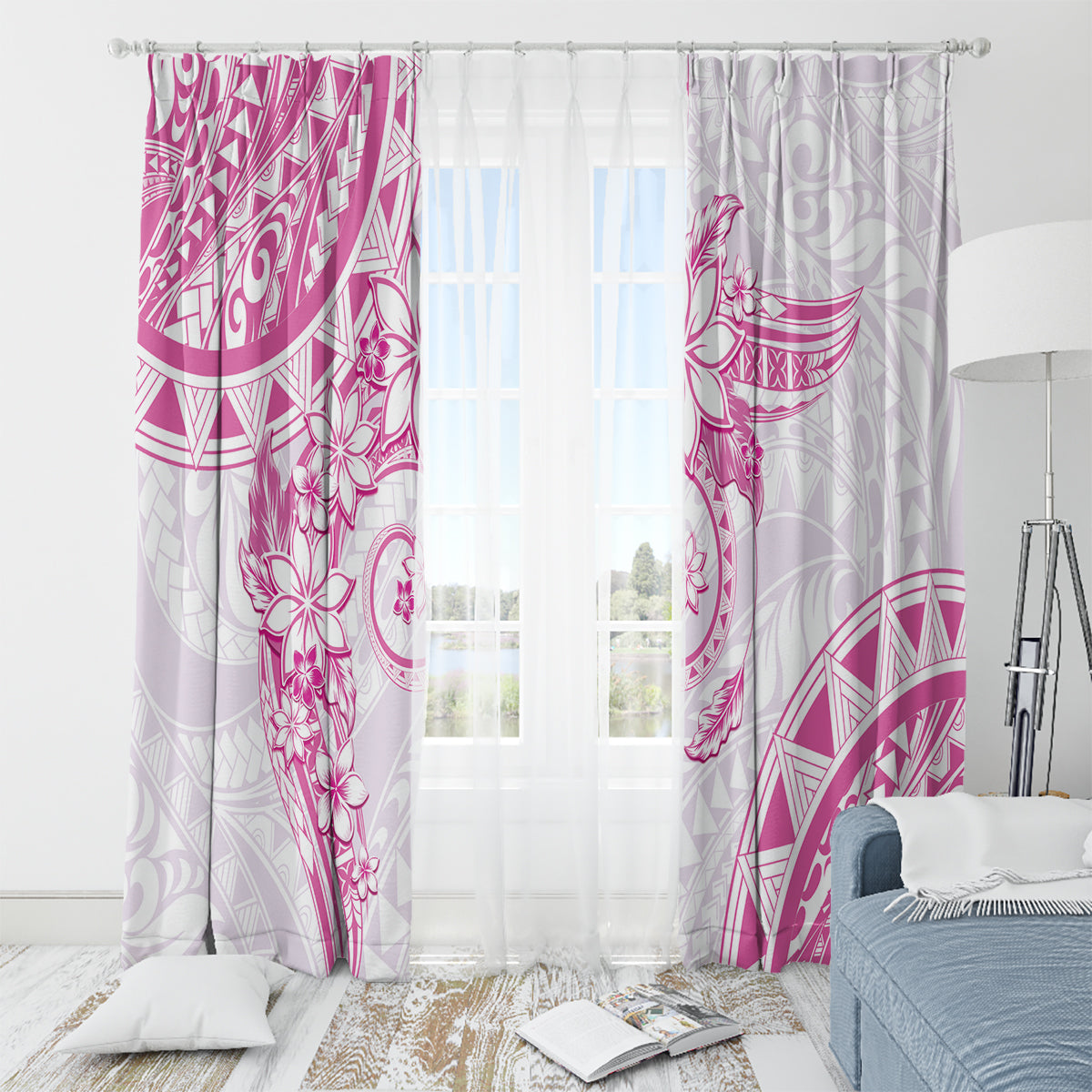 Polynesian Pattern With Plumeria Flowers Window Curtain Pink LT05 - Polynesian Pride