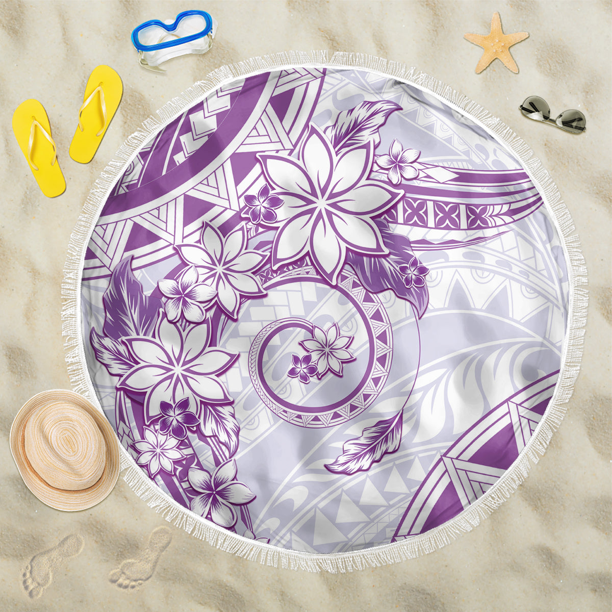 Polynesian Pattern With Plumeria Flowers Beach Blanket Purple LT05 One Size 150cm Purple - Polynesian Pride