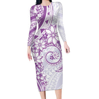 Polynesian Pattern With Plumeria Flowers Long Sleeve Bodycon Dress Purple LT05 Long Dress Purple - Polynesian Pride