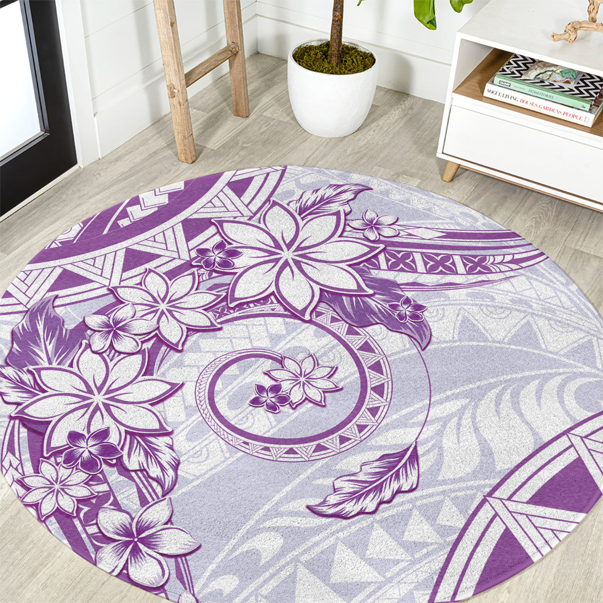 Polynesian Pattern With Plumeria Flowers Round Carpet Purple LT05 Purple - Polynesian Pride