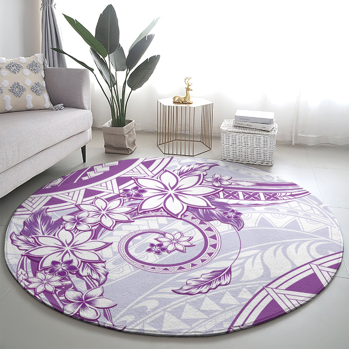 Polynesian Pattern With Plumeria Flowers Round Carpet Purple LT05 - Polynesian Pride