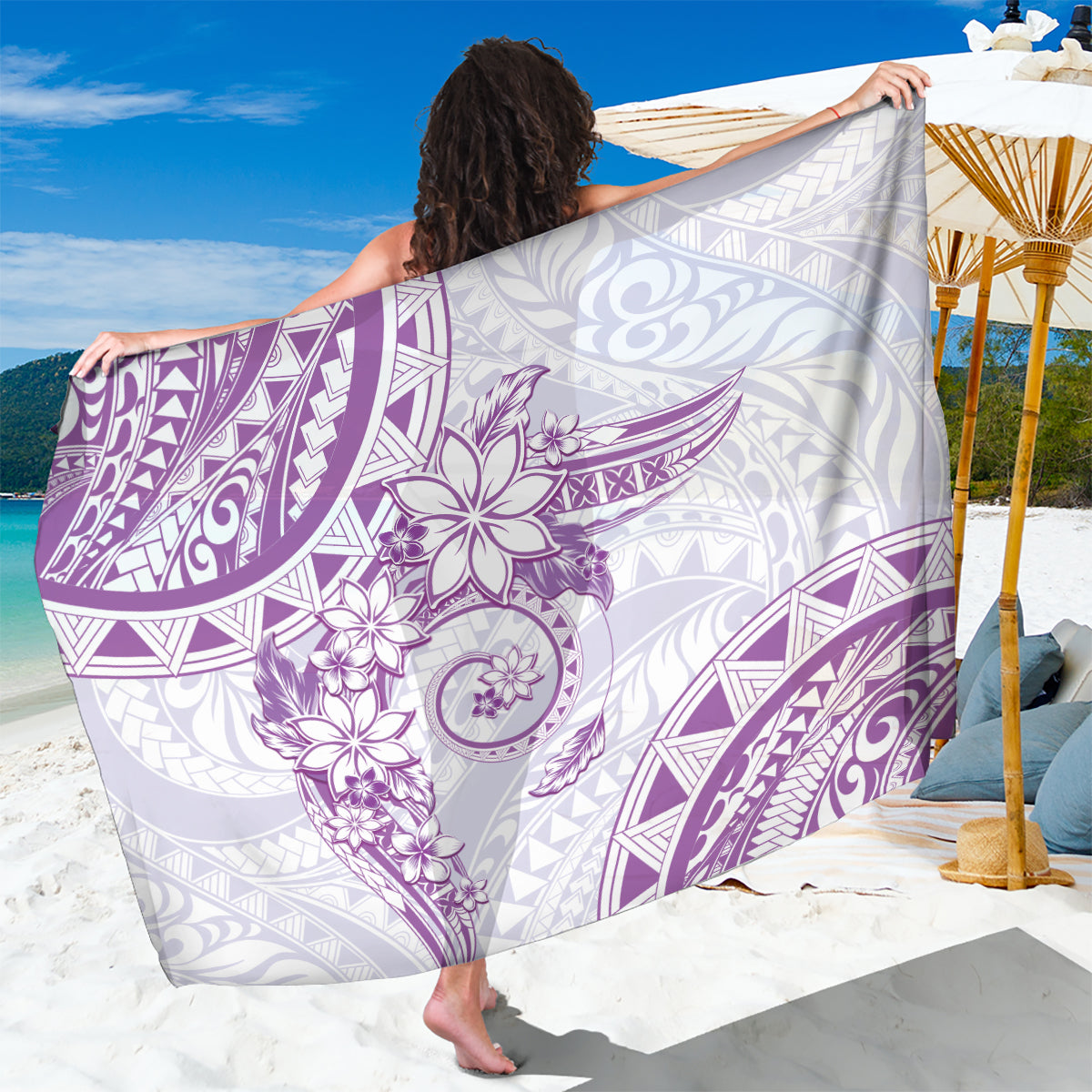 Polynesian Pattern With Plumeria Flowers Sarong Purple LT05 One Size 44 x 66 inches Purple - Polynesian Pride