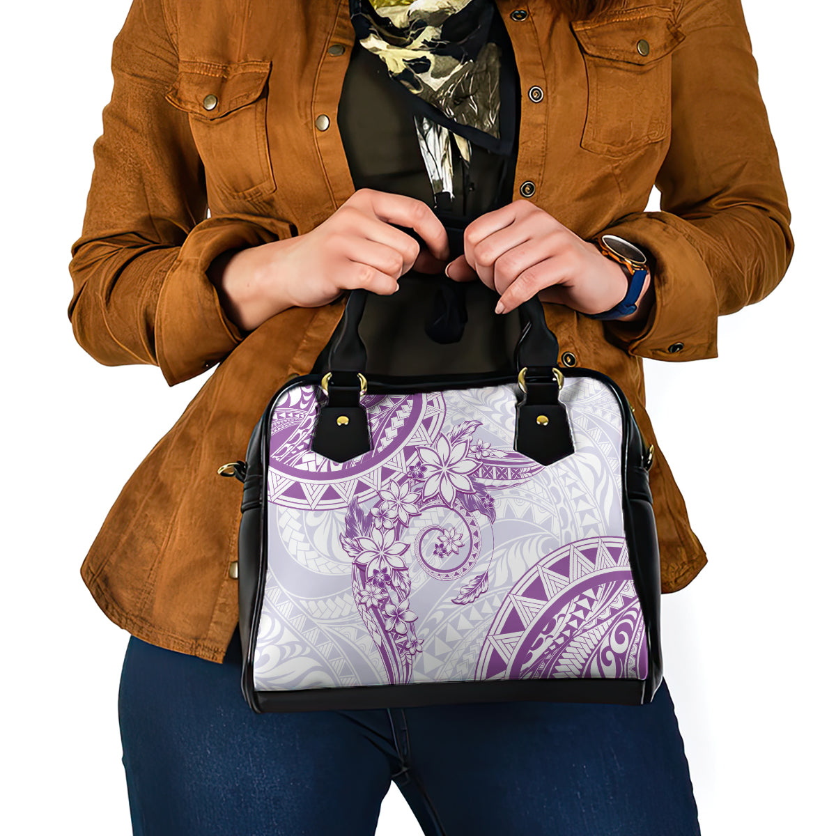 Polynesian Pattern With Plumeria Flowers Shoulder Handbag Purple LT05 - Polynesian Pride