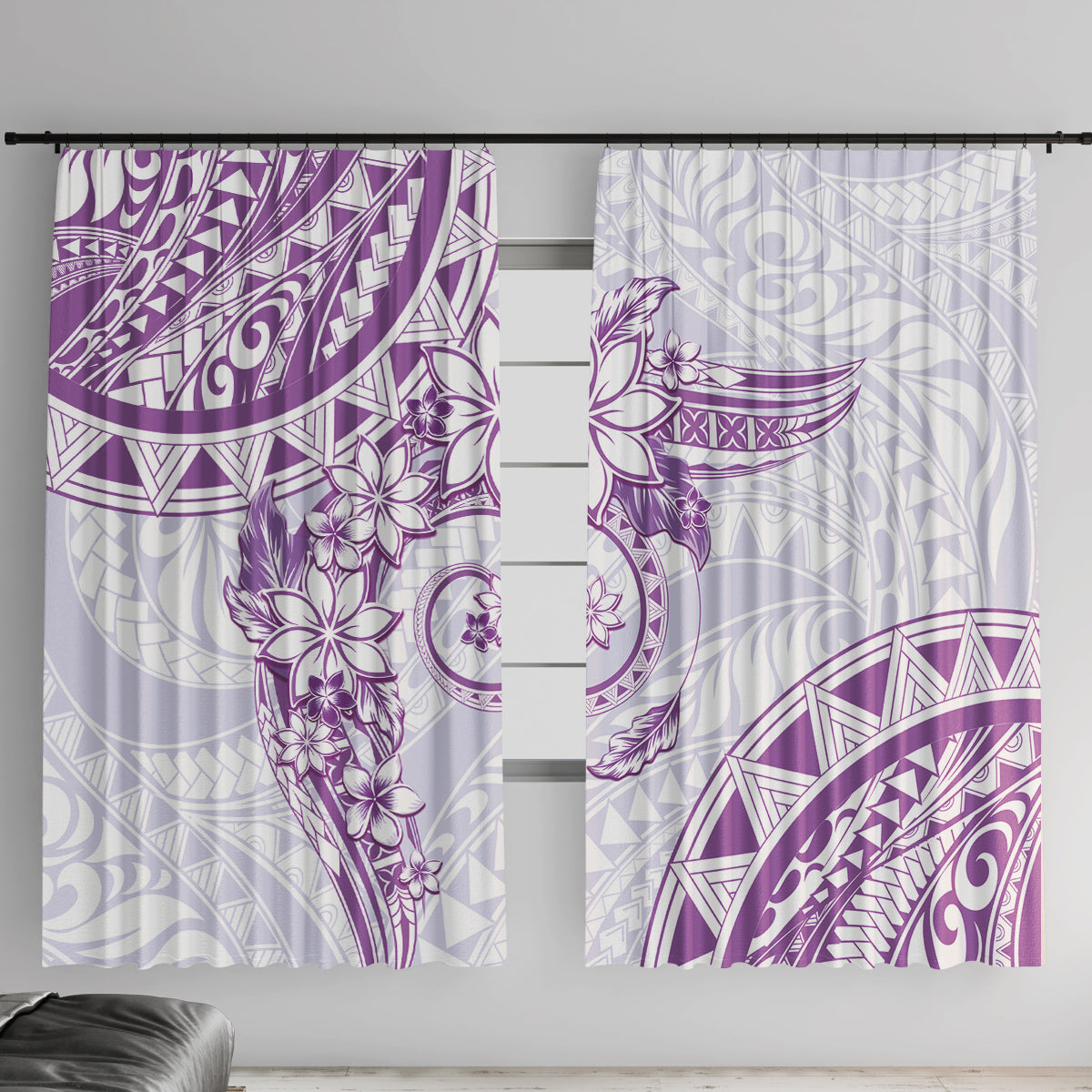 Polynesian Pattern With Plumeria Flowers Window Curtain Purple LT05 With Hooks Purple - Polynesian Pride
