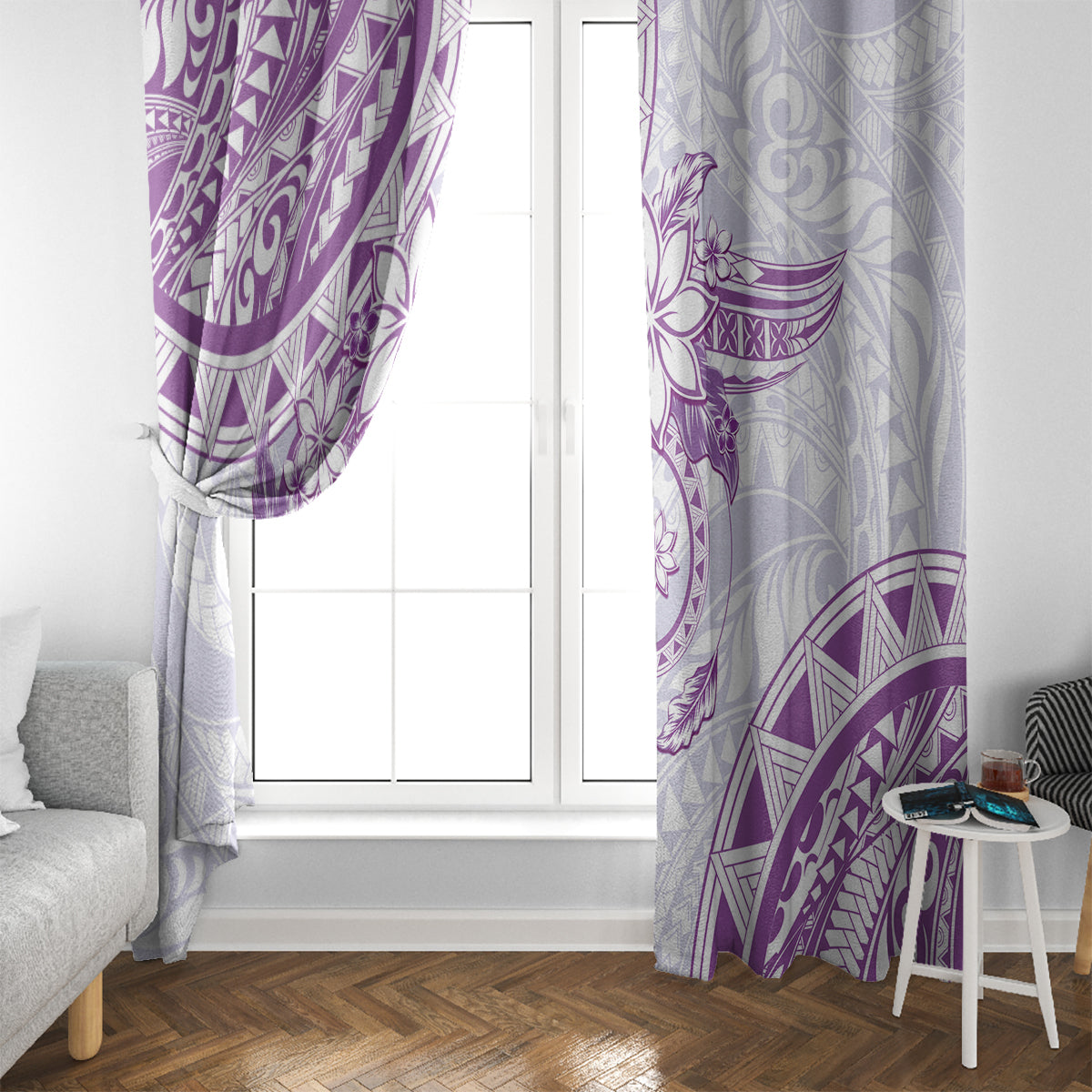 Polynesian Pattern With Plumeria Flowers Window Curtain Purple LT05 - Polynesian Pride