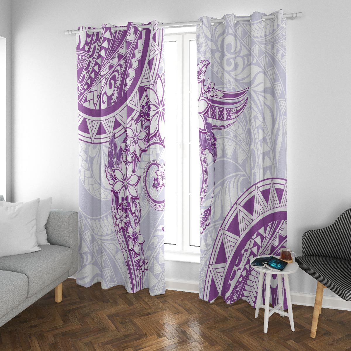 Polynesian Pattern With Plumeria Flowers Window Curtain Purple LT05 With Grommets Purple - Polynesian Pride