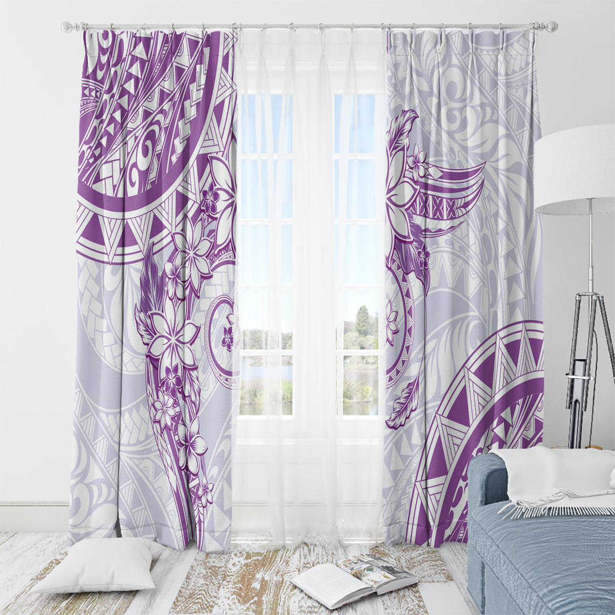Polynesian Pattern With Plumeria Flowers Window Curtain Purple LT05 - Polynesian Pride