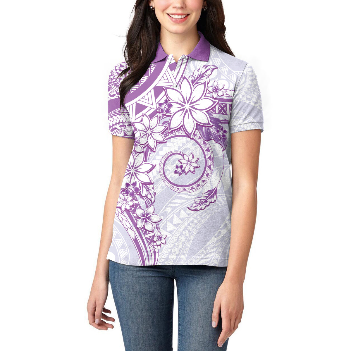 Polynesian Pattern With Plumeria Flowers Women Polo Shirt Purple LT05 - Polynesian Pride