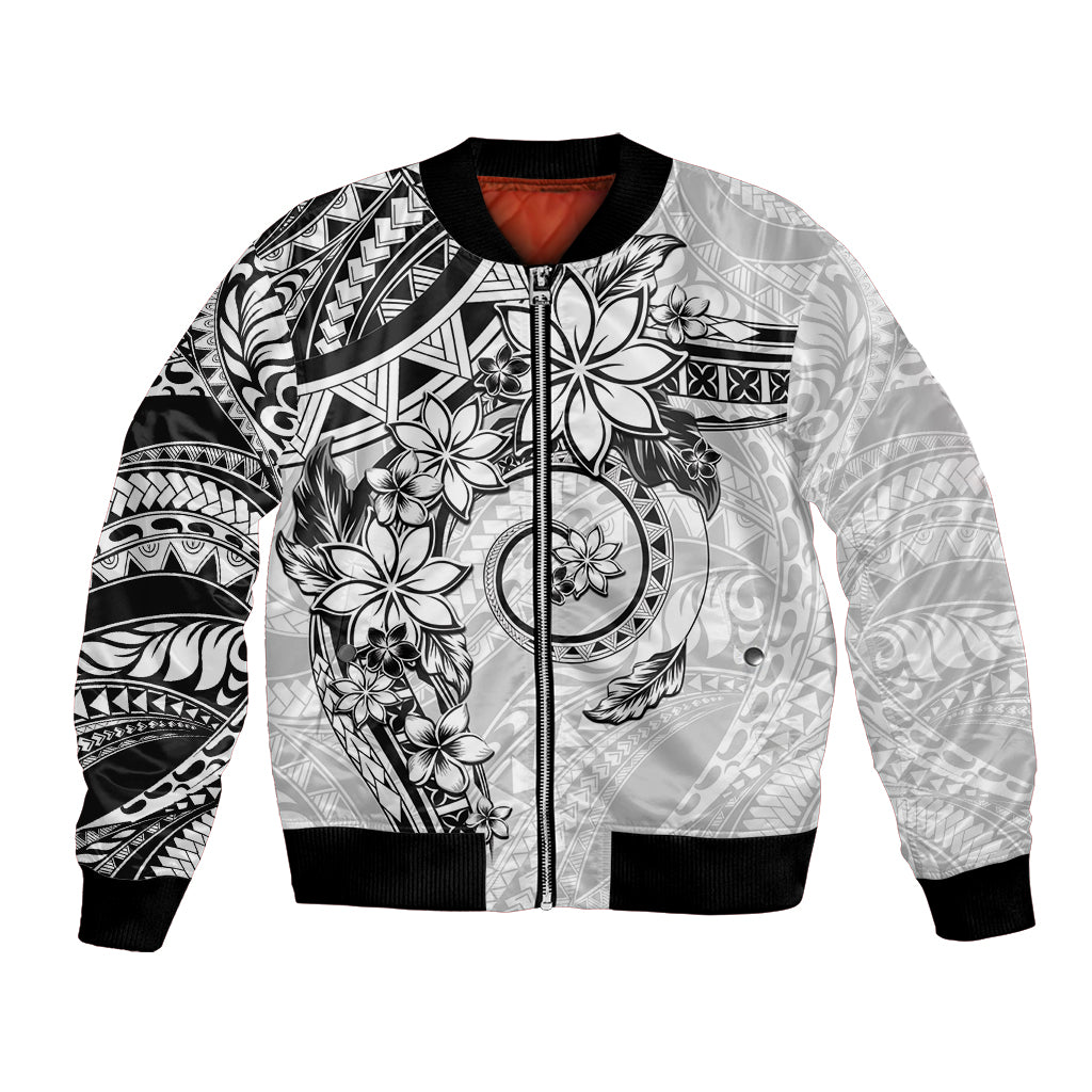Polynesian Pattern With Plumeria Flowers Bomber Jacket White LT05 Unisex White - Polynesian Pride