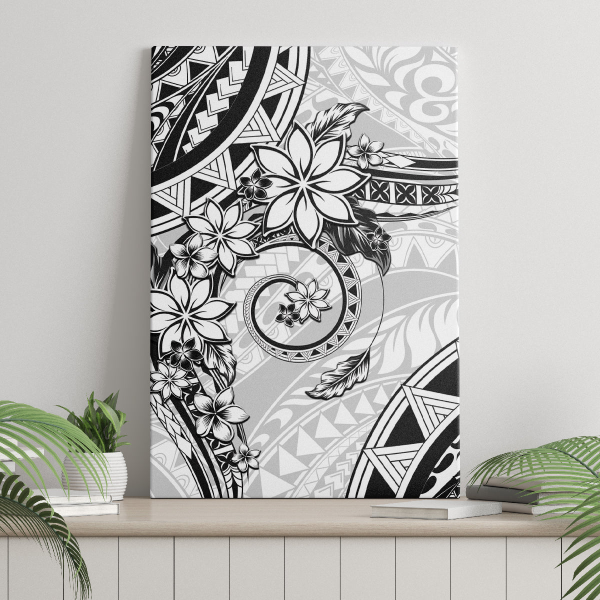 Polynesian Pattern With Plumeria Flowers Canvas Wall Art White LT05 - Polynesian Pride
