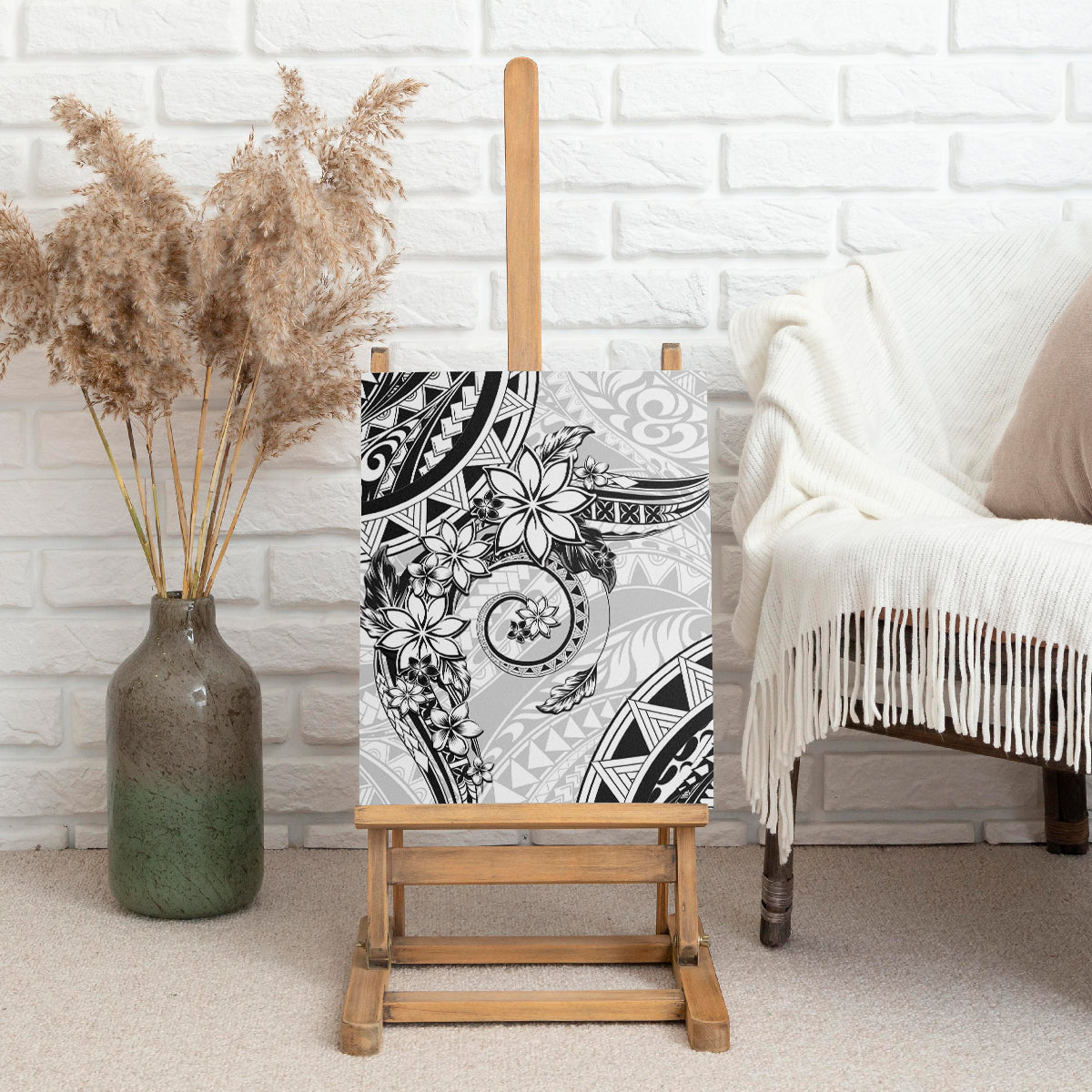 Polynesian Pattern With Plumeria Flowers Canvas Wall Art White LT05 - Polynesian Pride
