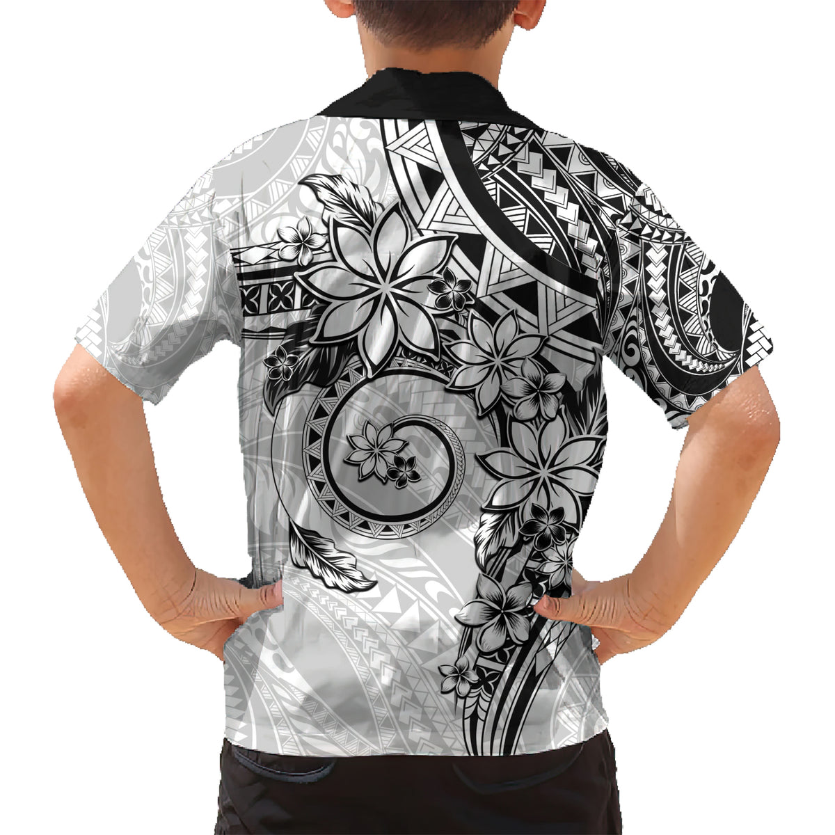 Polynesian Pattern With Plumeria Flowers Kid Hawaiian Shirt White LT05 - Polynesian Pride