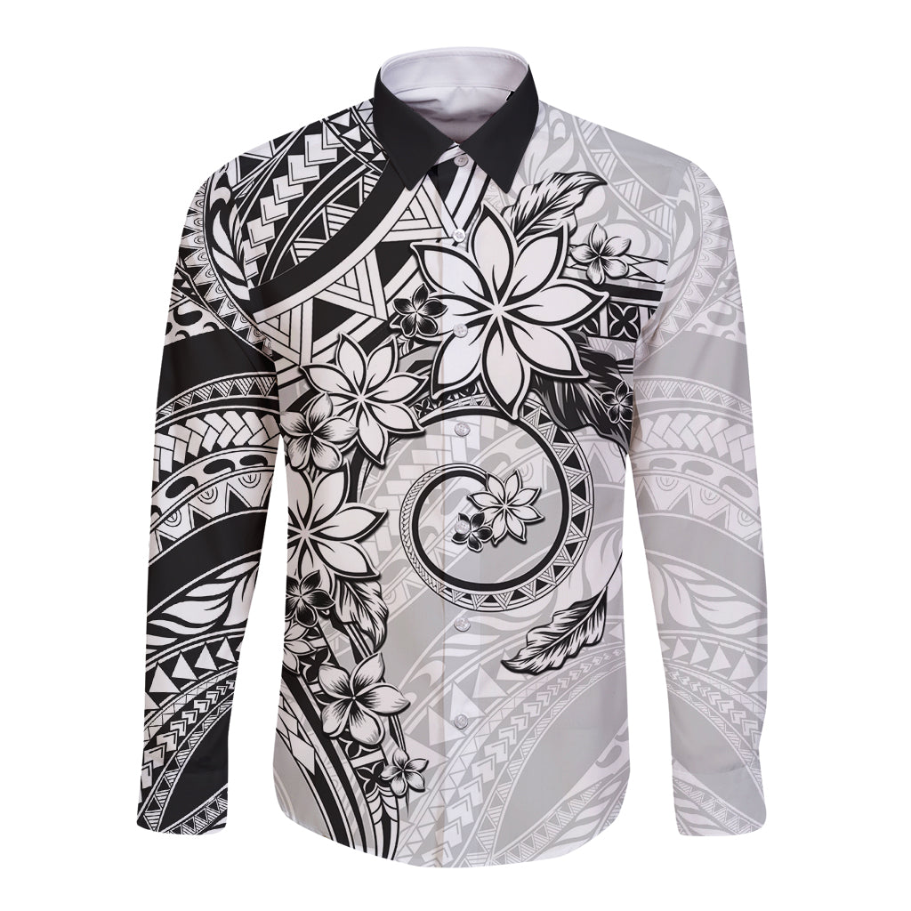 Polynesian Pattern With Plumeria Flowers Long Sleeve Button Shirt White LT05 Unisex White - Polynesian Pride