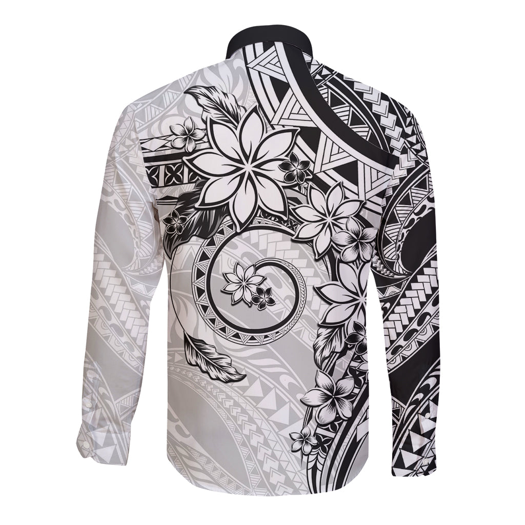 Polynesian Pattern With Plumeria Flowers Long Sleeve Button Shirt White LT05 - Polynesian Pride