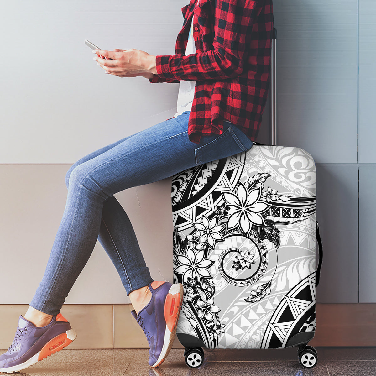 Polynesian Pattern With Plumeria Flowers Luggage Cover White LT05 - Polynesian Pride