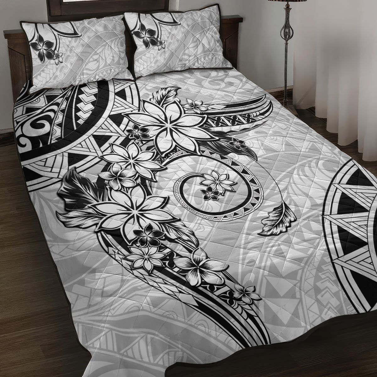 Polynesian Pattern With Plumeria Flowers Quilt Bed Set White LT05 White - Polynesian Pride