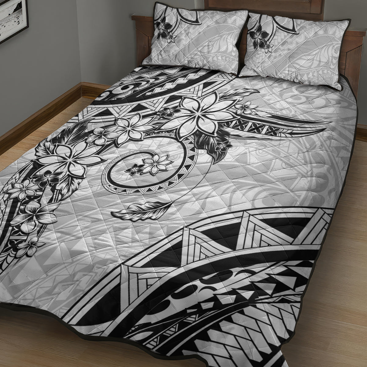 Polynesian Pattern With Plumeria Flowers Quilt Bed Set White LT05 - Polynesian Pride