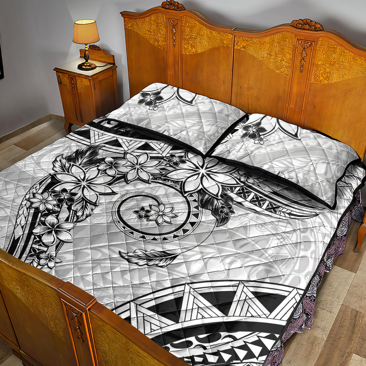 Polynesian Pattern With Plumeria Flowers Quilt Bed Set White LT05 - Polynesian Pride