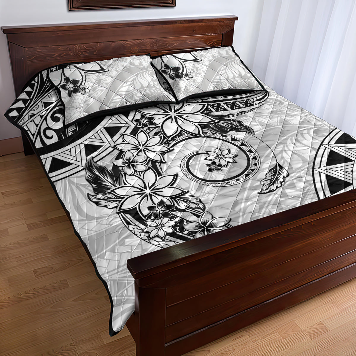 Polynesian Pattern With Plumeria Flowers Quilt Bed Set White LT05 - Polynesian Pride