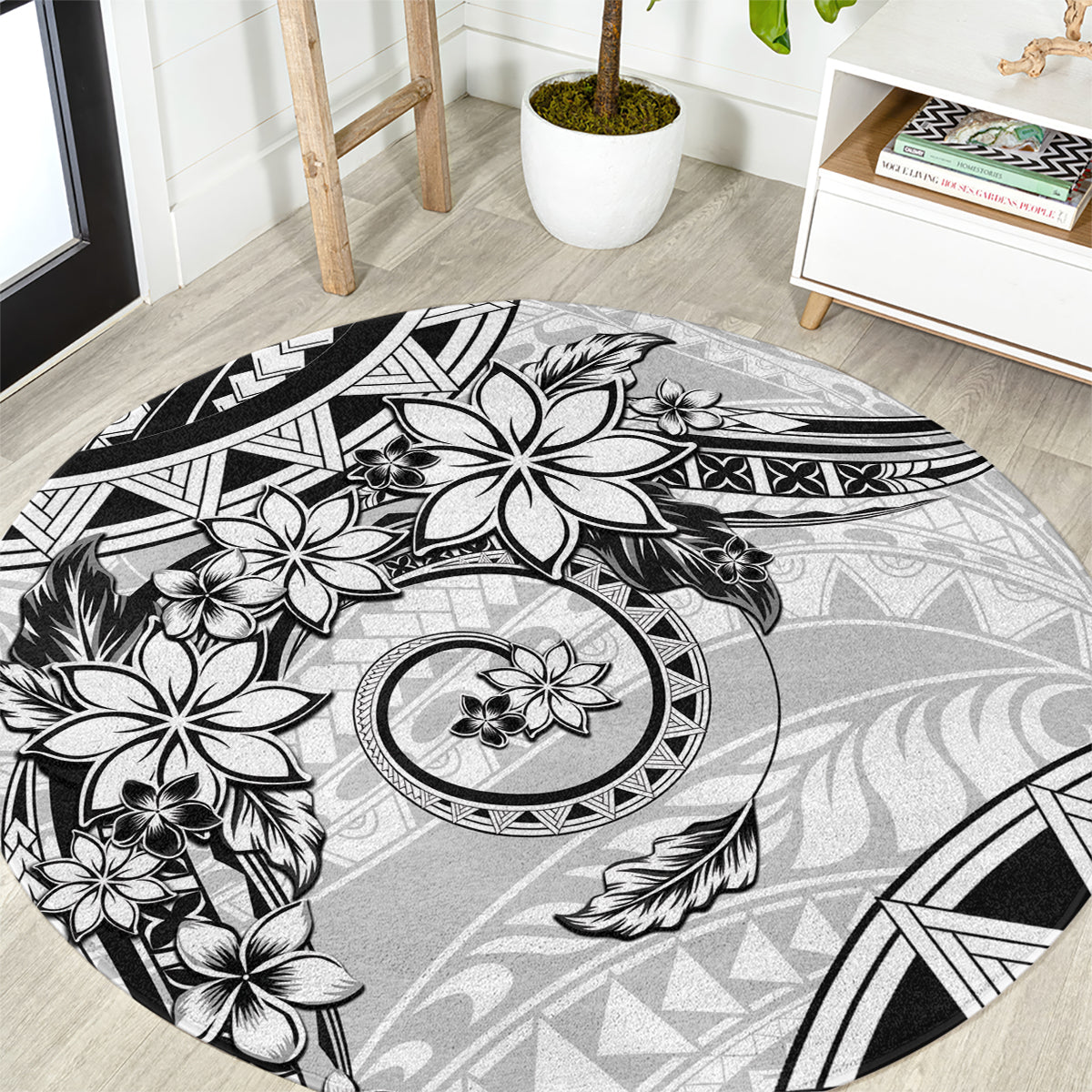 Polynesian Pattern With Plumeria Flowers Round Carpet White LT05 White - Polynesian Pride