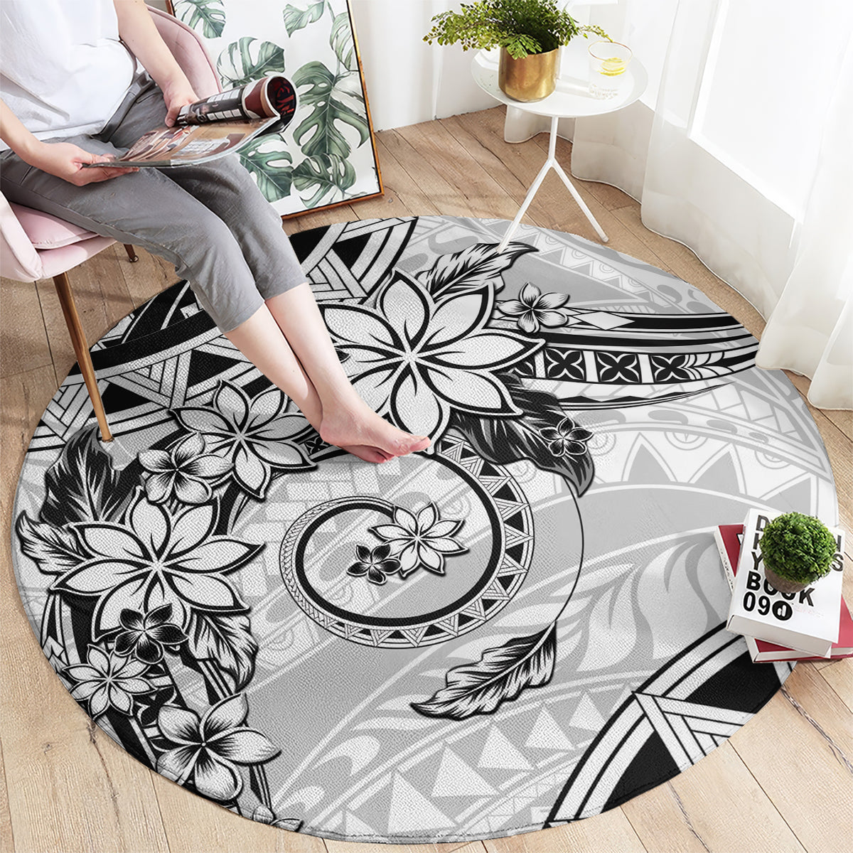Polynesian Pattern With Plumeria Flowers Round Carpet White LT05 - Polynesian Pride