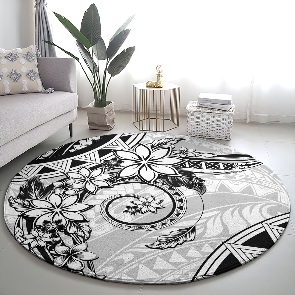 Polynesian Pattern With Plumeria Flowers Round Carpet White LT05 - Polynesian Pride