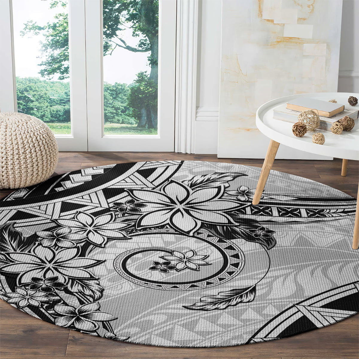 Polynesian Pattern With Plumeria Flowers Round Carpet White LT05 - Polynesian Pride