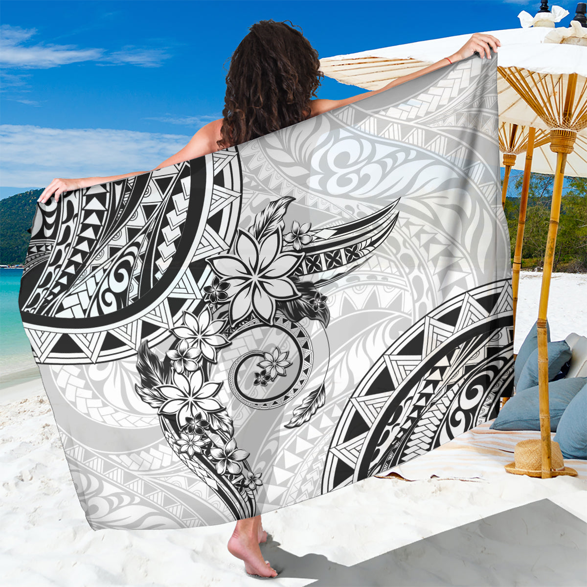 Polynesian Pattern With Plumeria Flowers Sarong White LT05 One Size 44 x 66 inches White - Polynesian Pride