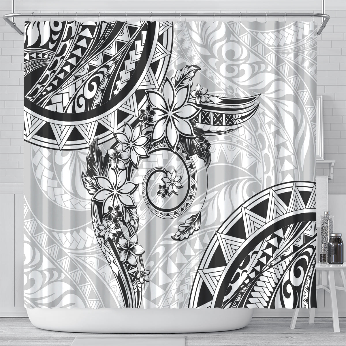Polynesian Pattern With Plumeria Flowers Shower Curtain White LT05 - Polynesian Pride