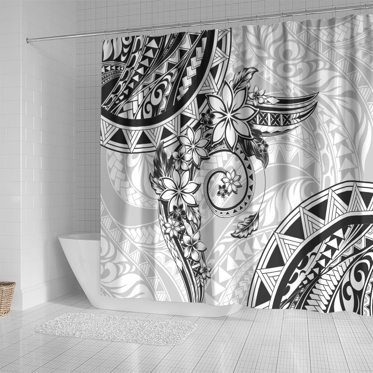 Polynesian Pattern With Plumeria Flowers Shower Curtain White LT05 - Polynesian Pride