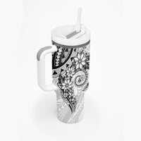 White Polynesian Pattern With Plumeria Flowers Tumbler With Handle LT05 - Polynesian Pride