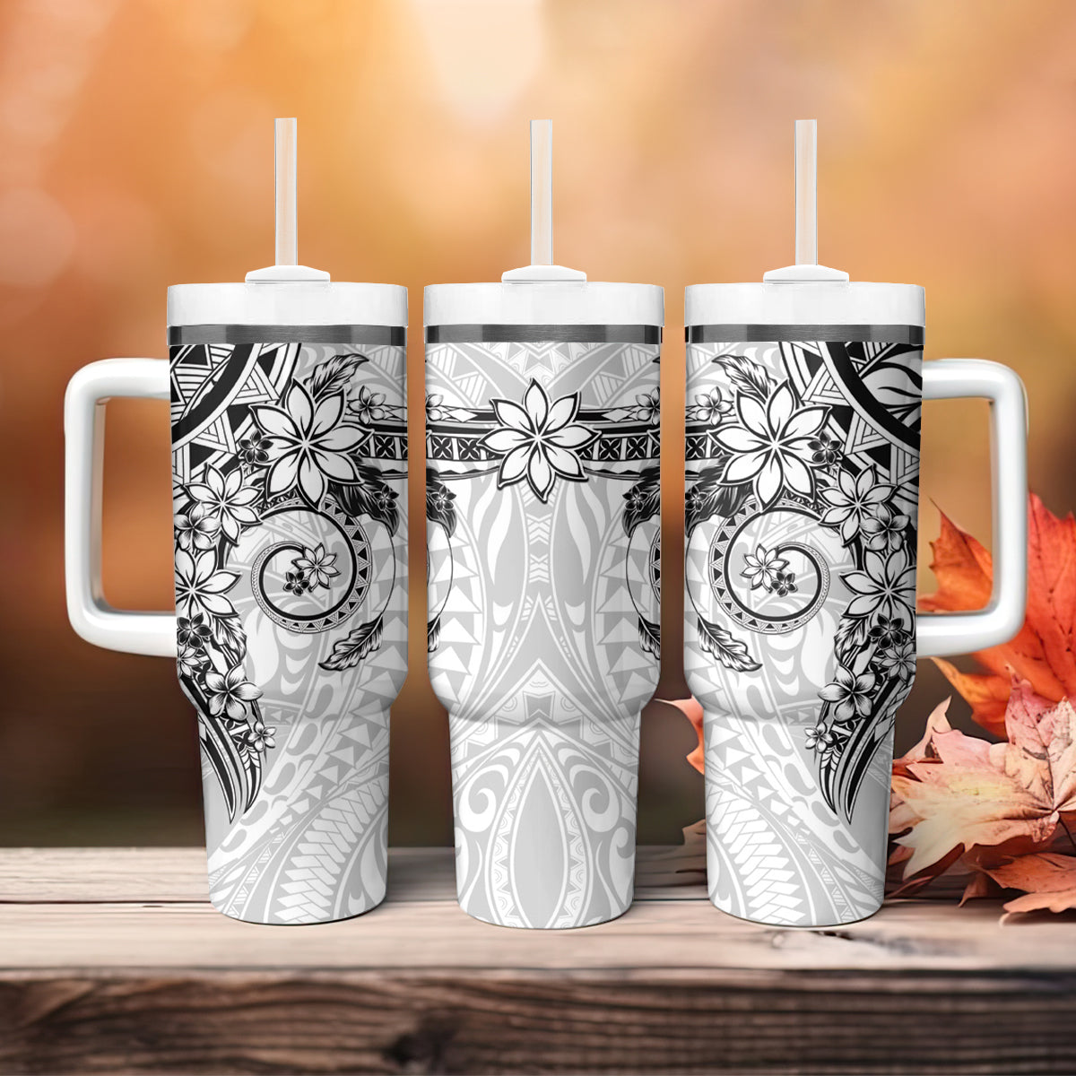 White Polynesian Pattern With Plumeria Flowers Tumbler With Handle LT05 - Polynesian Pride