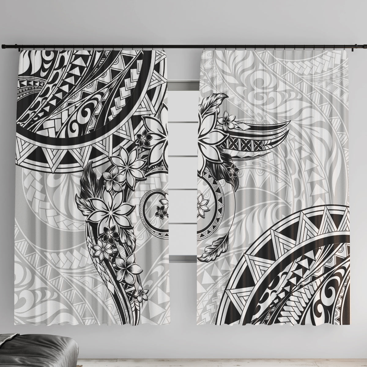 Polynesian Pattern With Plumeria Flowers Window Curtain White LT05 With Hooks White - Polynesian Pride