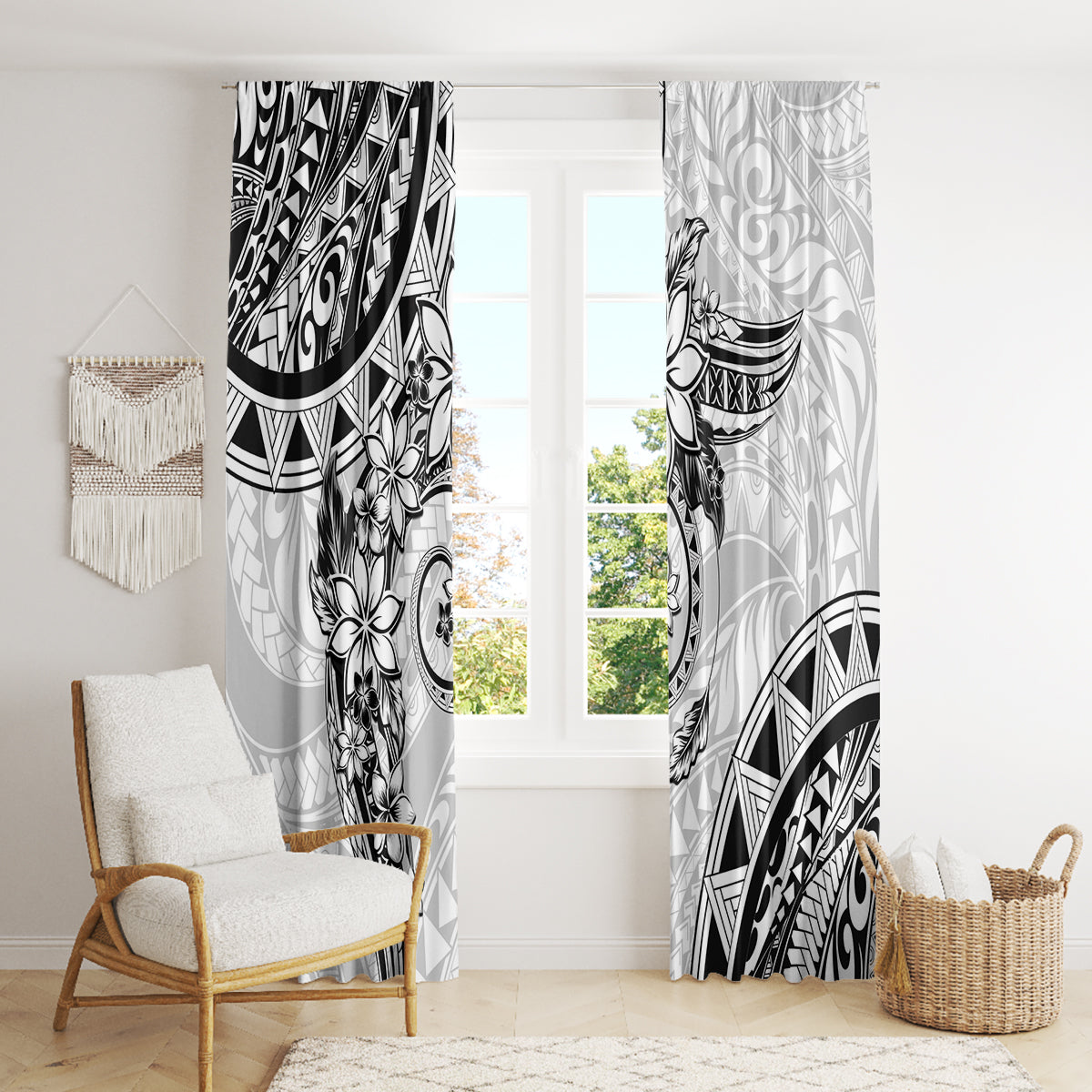 Polynesian Pattern With Plumeria Flowers Window Curtain White LT05 - Polynesian Pride
