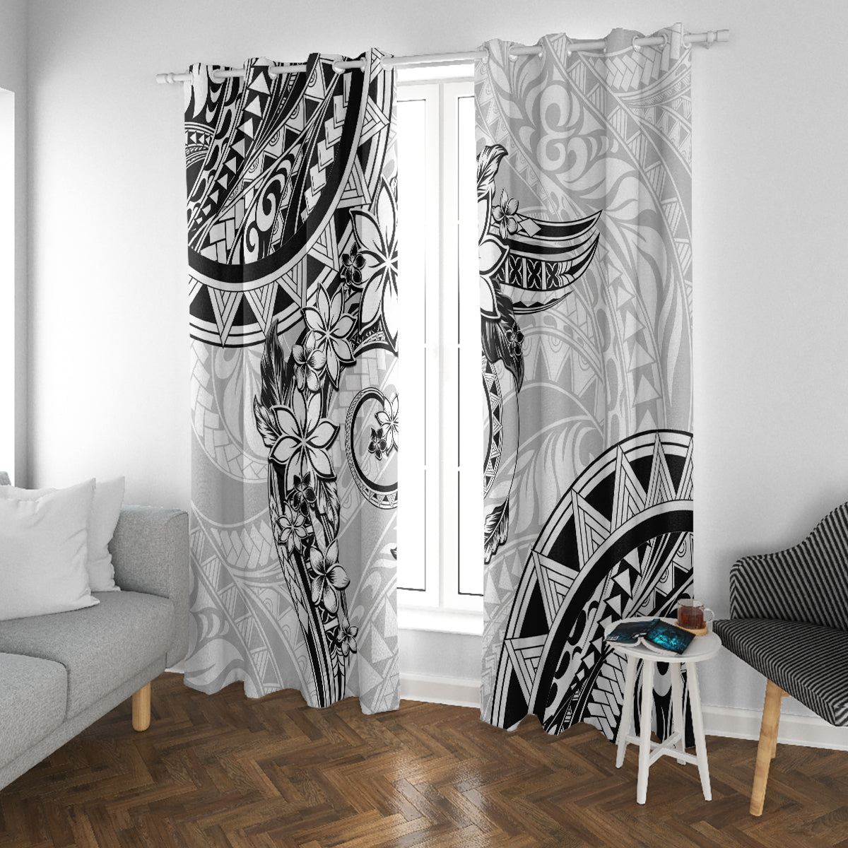Polynesian Pattern With Plumeria Flowers Window Curtain White LT05 With Grommets White - Polynesian Pride