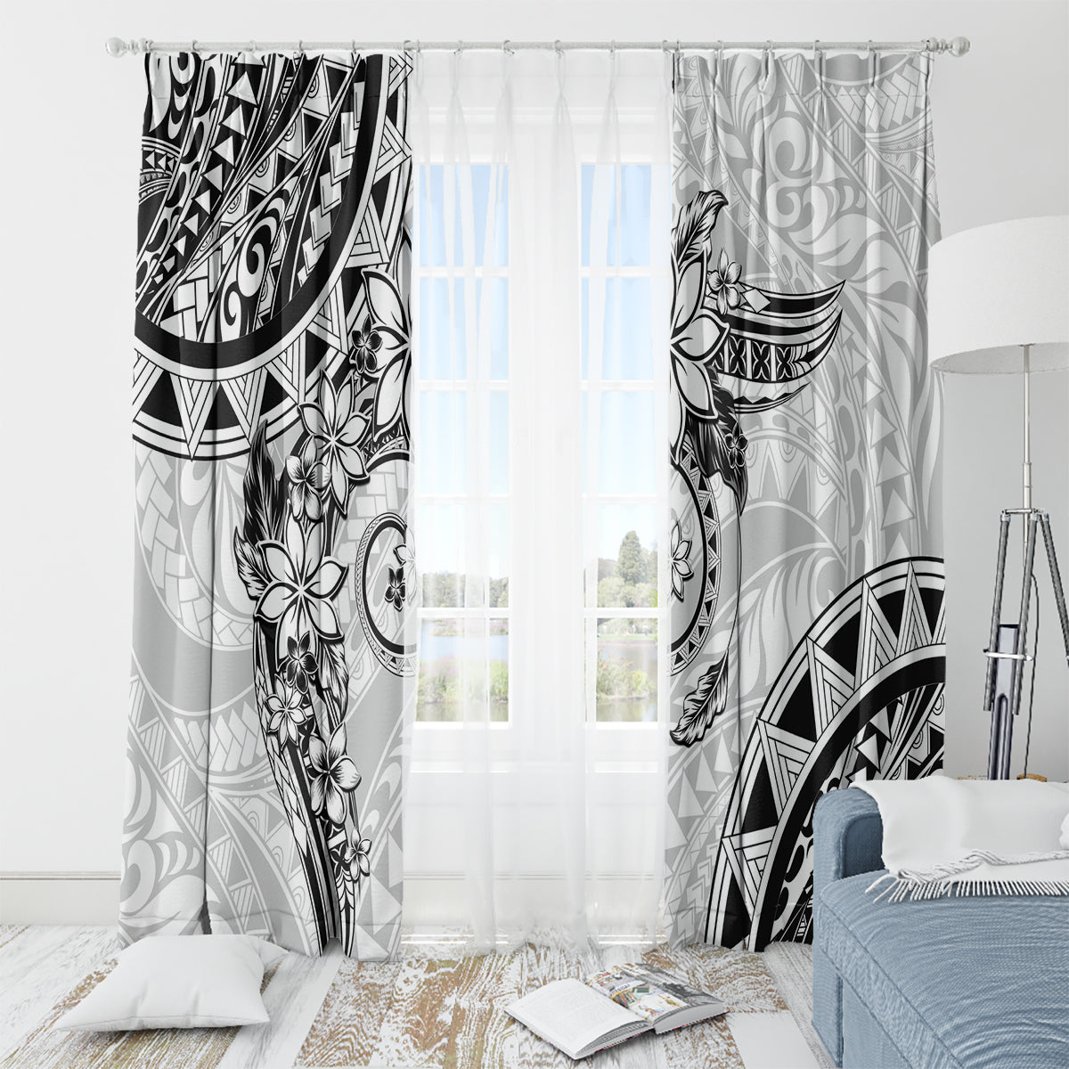 Polynesian Pattern With Plumeria Flowers Window Curtain White LT05 - Polynesian Pride