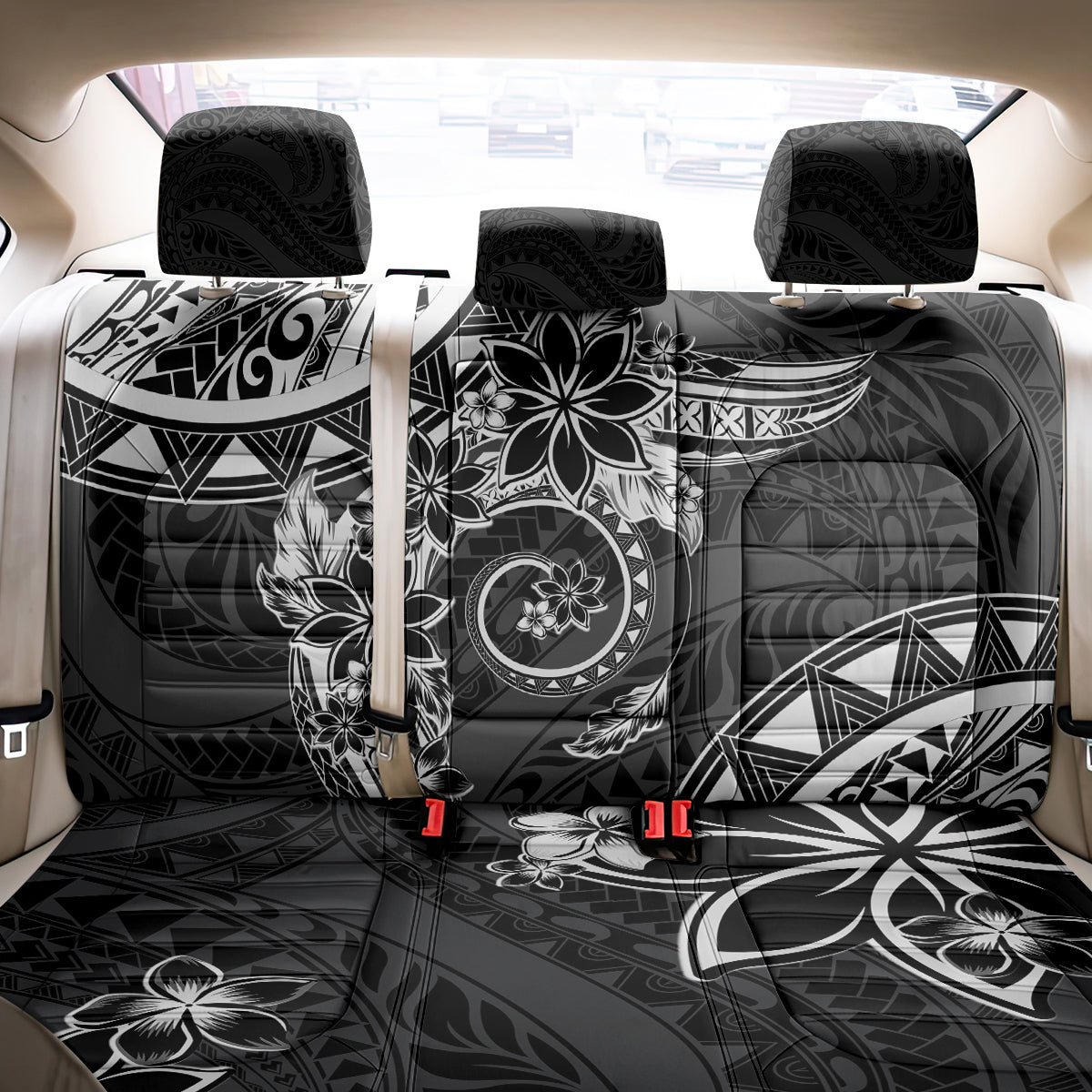 Polynesian Pattern With Plumeria Flowers Back Car Seat Cover Black LT05 - Polynesian Pride