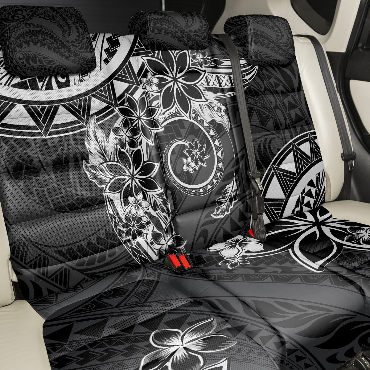 Polynesian Pattern With Plumeria Flowers Back Car Seat Cover Black LT05 - Polynesian Pride